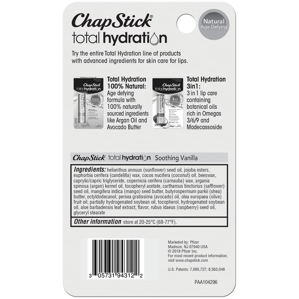 Total Hydration Soothing Vanilla Moisturizing Lip Balm Tube, Lip Care with Argan Oil, Non-Tinted, 0.12 Oz