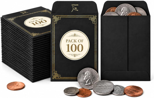 100 Pack #1 Black Small Coin Envelopes, 2¼"X3½" Paper | 130 GSM Paper, Gummed Flap, Seed Packets, Cash, Keys, Small Parts Storage, Mini Envelopes