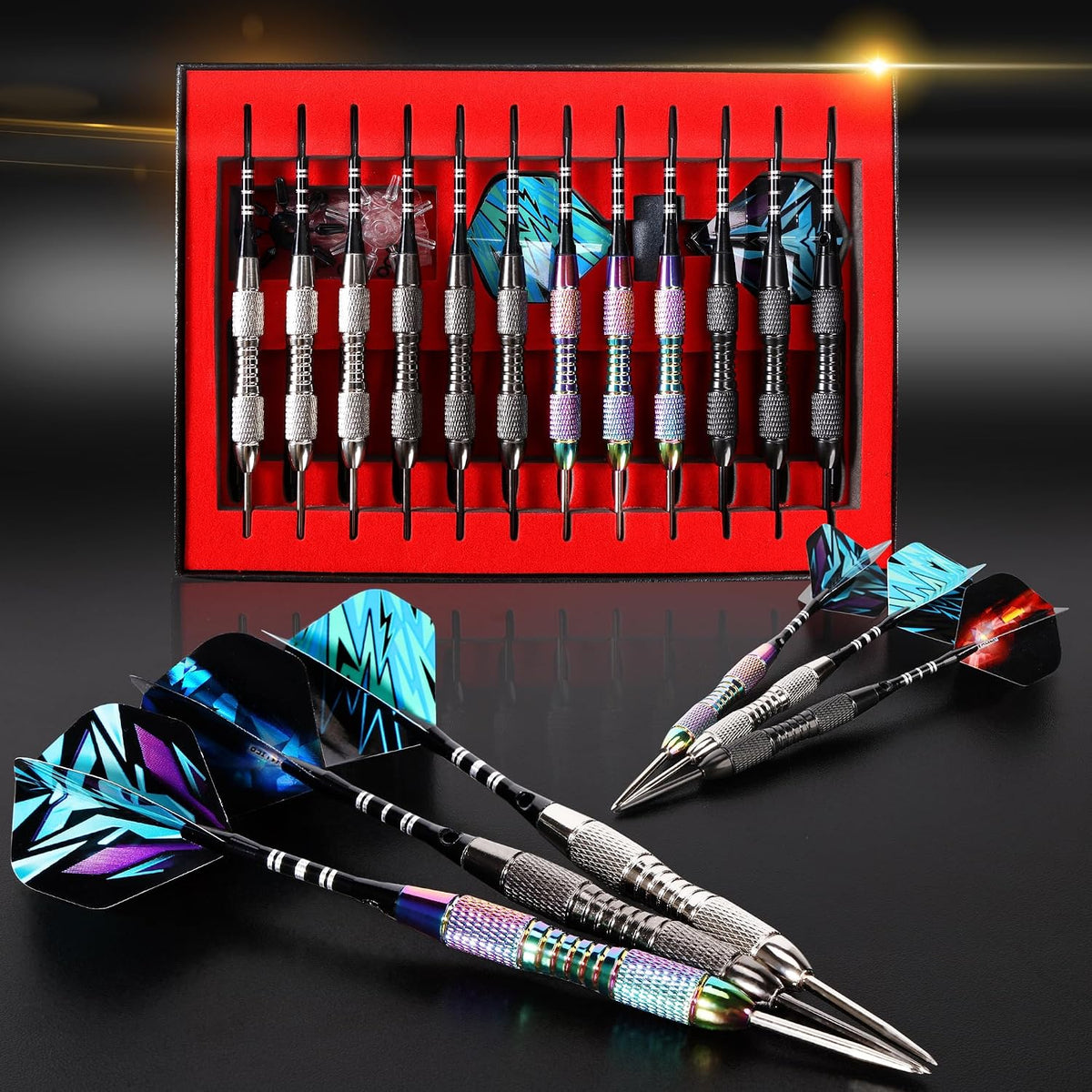 Darts Metal Tip Set Steel Tip Darts 12 Pcs Set 22G with Gift Box