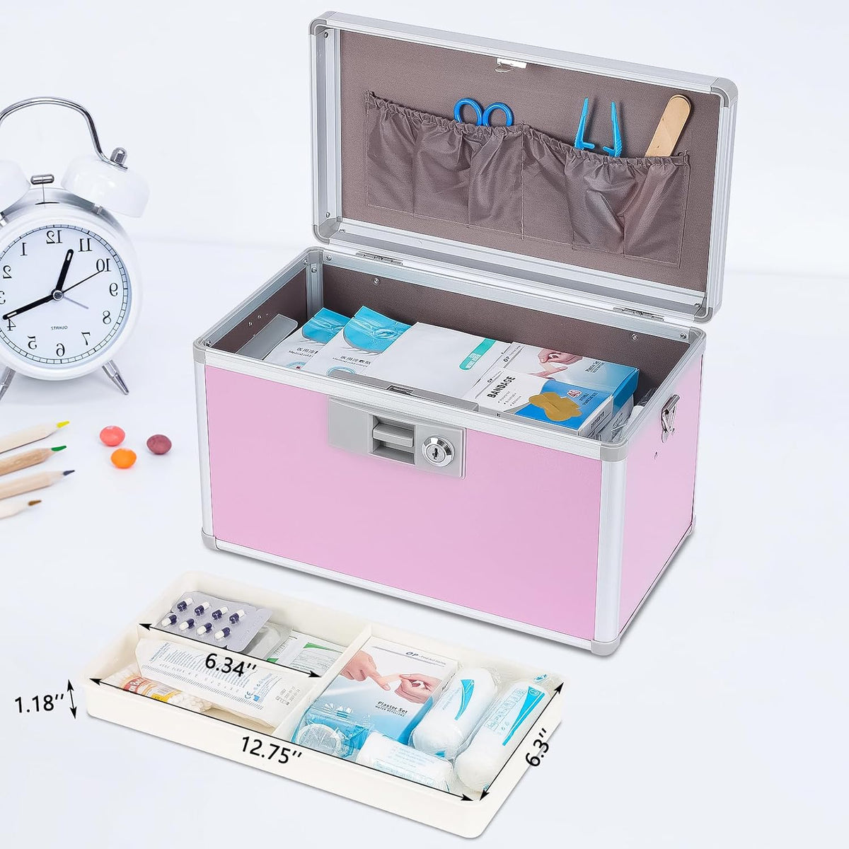Large Medicine Lock Box, 14" X 7.9" X 8.7", Pink